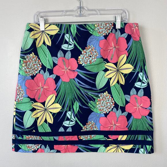 Talbots Cotton Canvas A-line Skirt Hibiscus Print Bright Floral Dopamine Size 12 - Picture 2 of 8